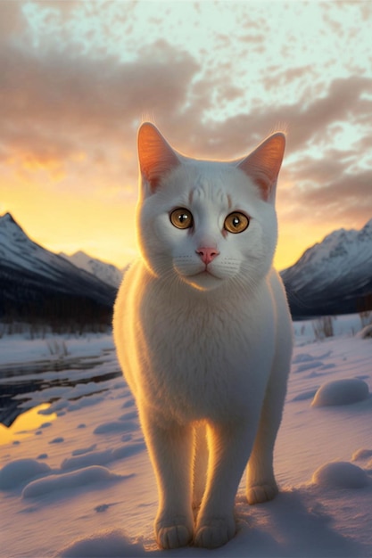 White cat standing on top of snow covered ground generative ai