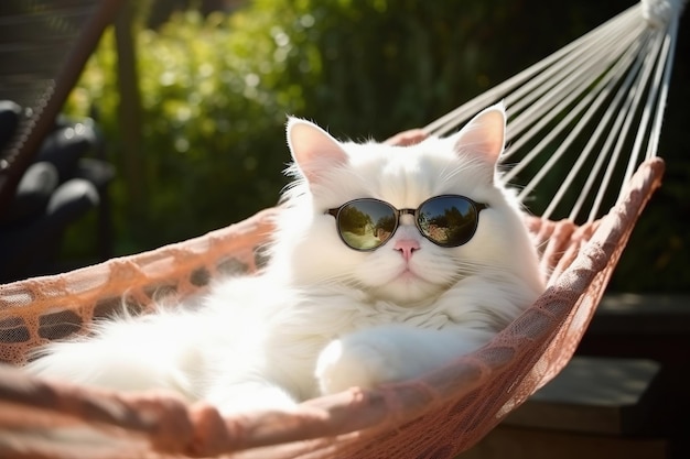 White cat in sunglasses in hammock in garden Generative AI