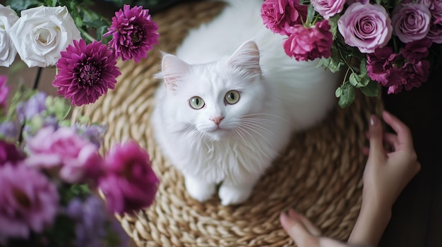 Photo white cat surrounded by flowers