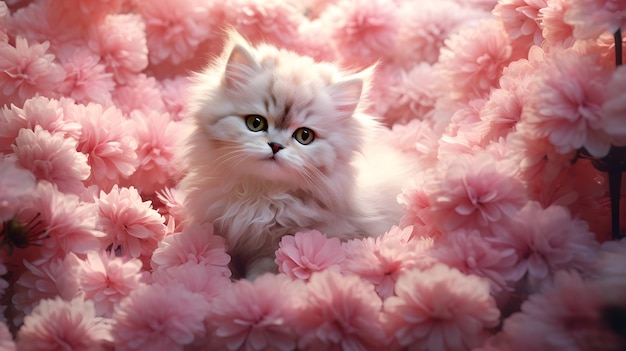 a white cat surrounded by pink flowers