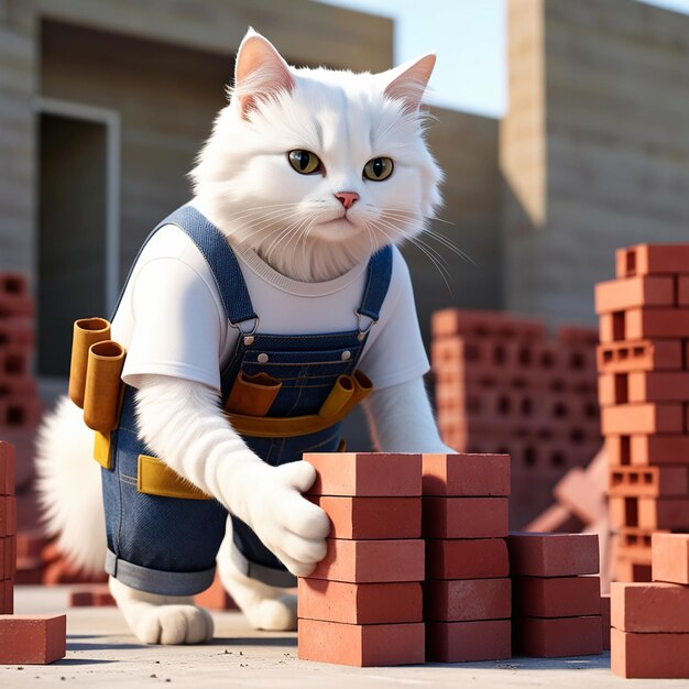 A white cat that appears to be working