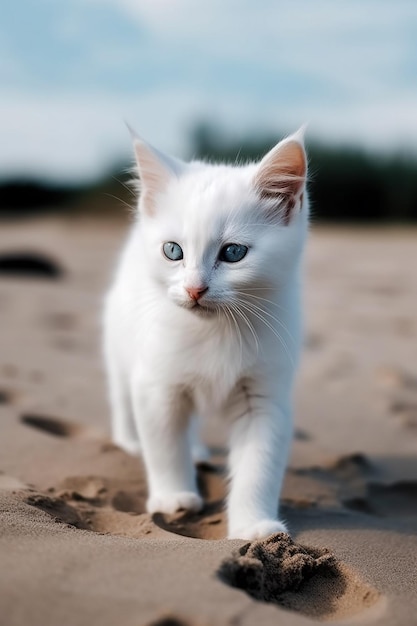 A white cat walking on the beach