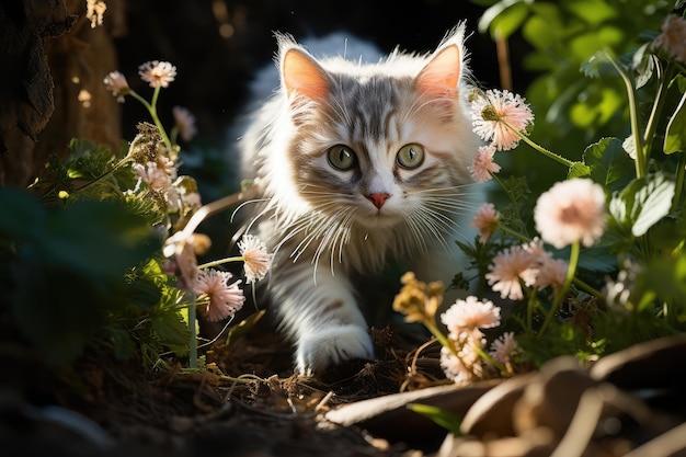 A white cat walking through a lush jungle ai generated