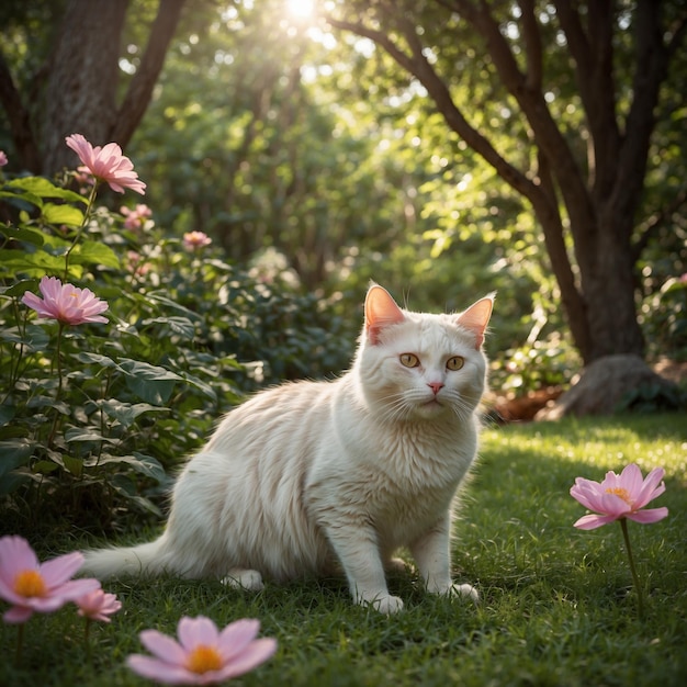 a white cat walks in the garden with flowers