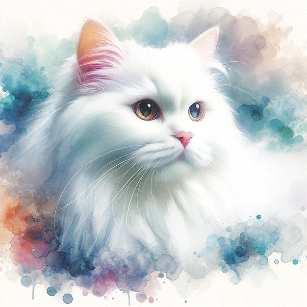 A white cat in watercolor style