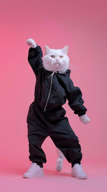 Photo white cat wearing a black tracksuit posing against a pink background dance pose fun and pet concept