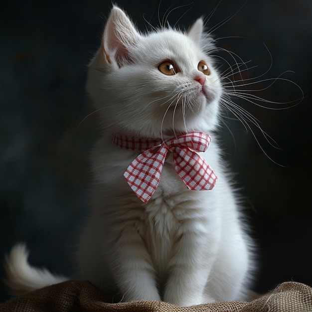 a white cat wearing a bow tie with a red bow tie