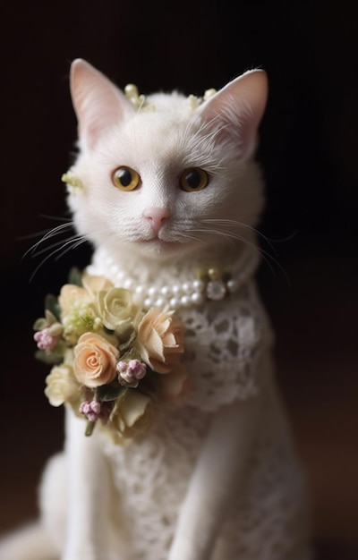 A white cat wearing a flower crown and a flower crown.