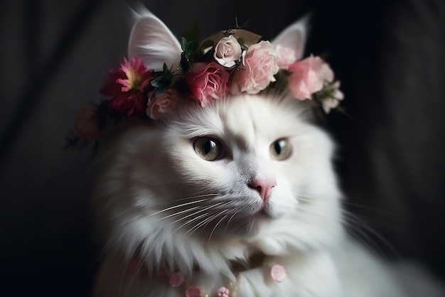 A white cat wearing a flower crown.