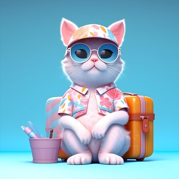 A white cat wearing a flowered shirt and sunglasses sits next to a suitcase.