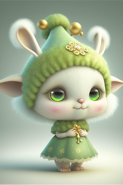 White cat wearing a green dress and a green hat generative ai