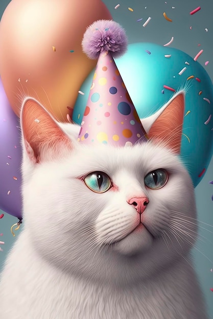 White cat wearing a party hat balloons and confetti happy birthday card retro pastel colors AIGenerated