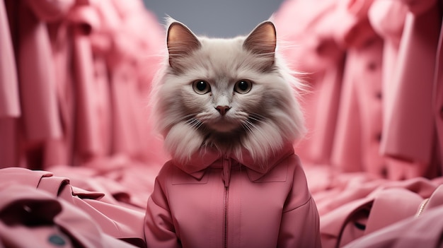 a white cat wearing a pink shirt and a pink shirt with a pink bow tie