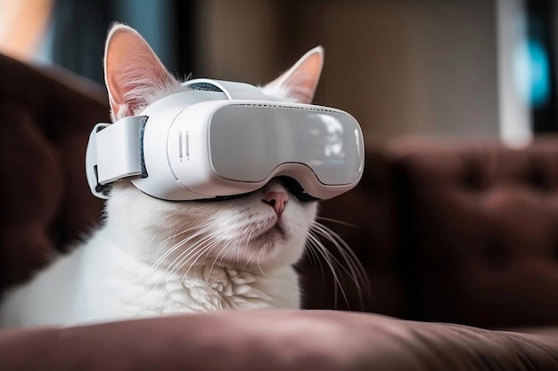 White cat wearing VR headset AI generated portrait of cat in virtual reality glasses