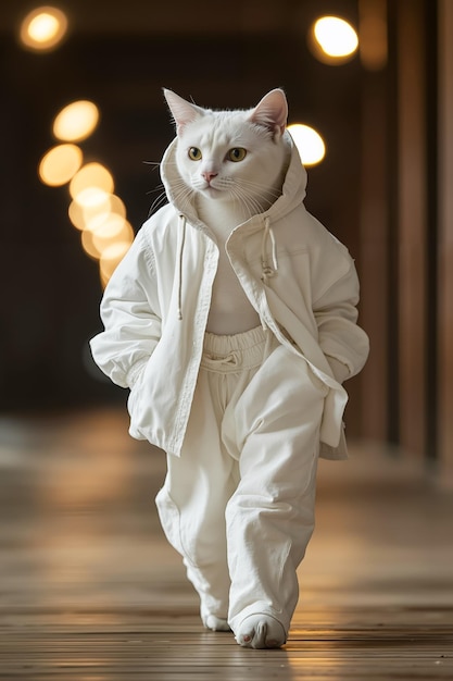 Photo a white cat wearing a white jacket and pants walking down a wooden floor