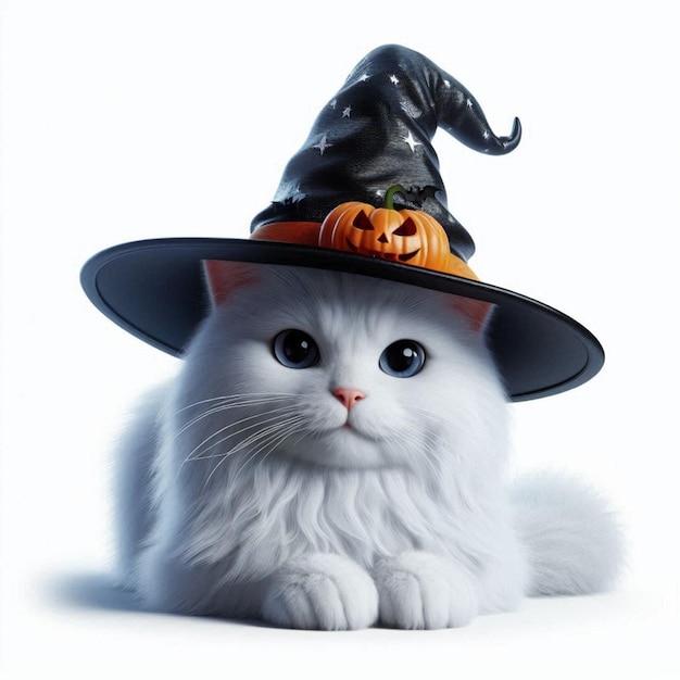 Photo a white cat wearing a witch hat sits on a white background