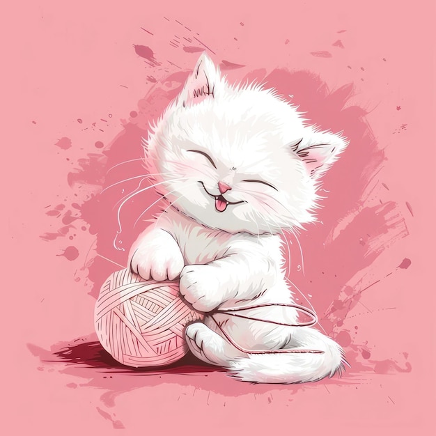 Photo a white cat with a ball of yarn and a ball of yarn