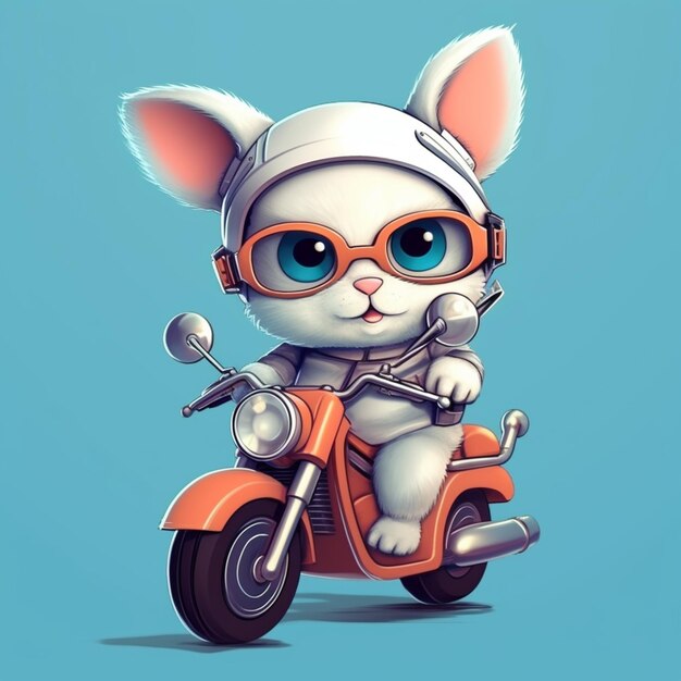 A white cat with big eyes riding a motorcycle.