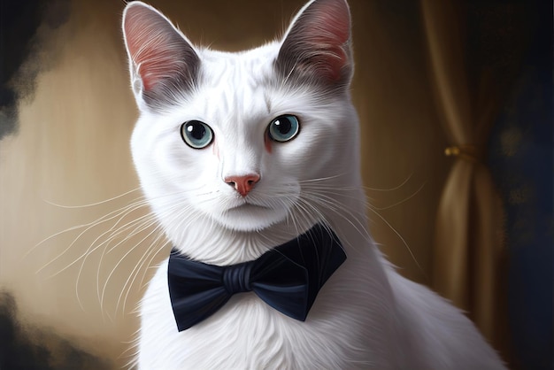 A white cat with a black bow tie is sitting on a chair.