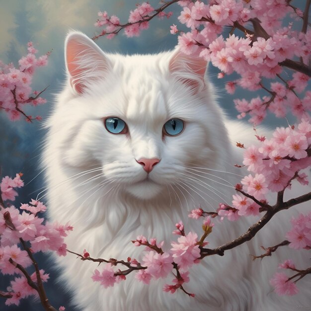 A white cat with blue eyes and cherry blossoms