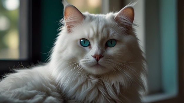 a white cat with blue eyes and a green eye