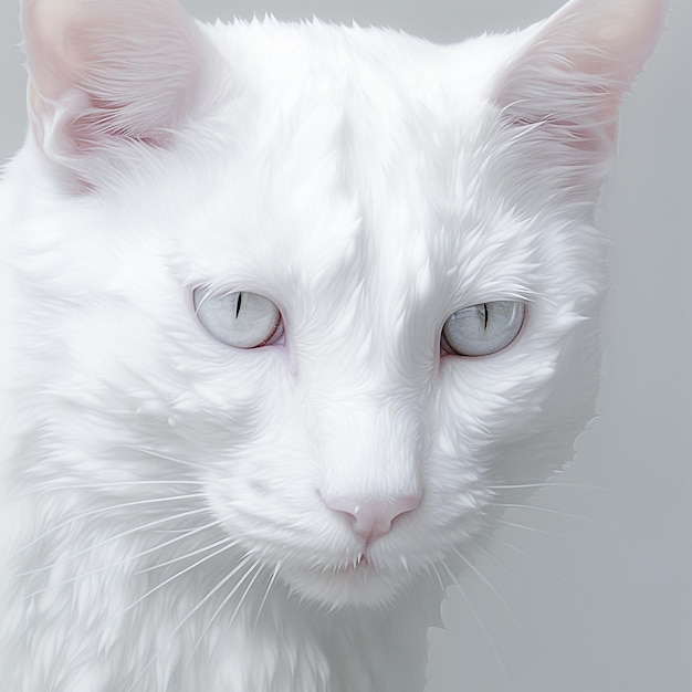 A white cat with blue eyes is looking at the camera.