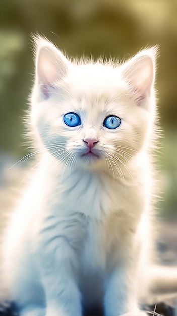 A white cat with blue eyes is looking at the camera.