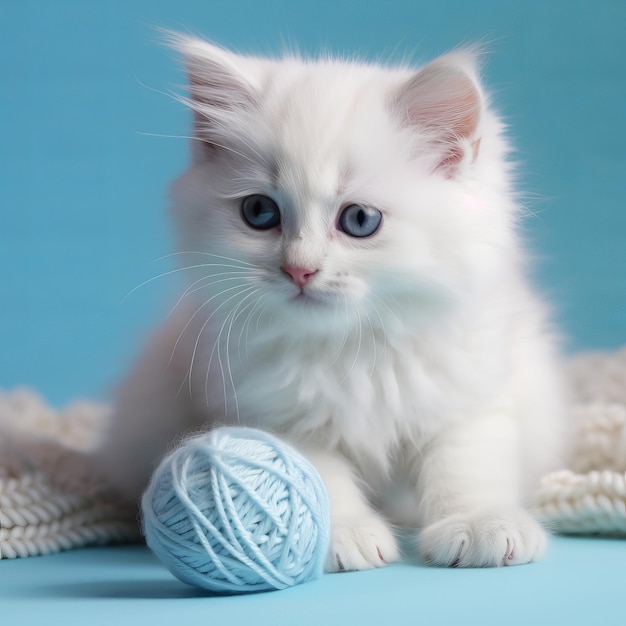 A white cat with blue eyes is playing with a ball of yarn.