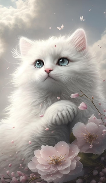 A white cat with blue eyes is surrounded by flowers.