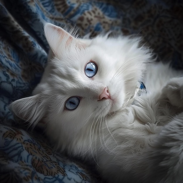 Photo a white cat with blue eyes laying on a blanket