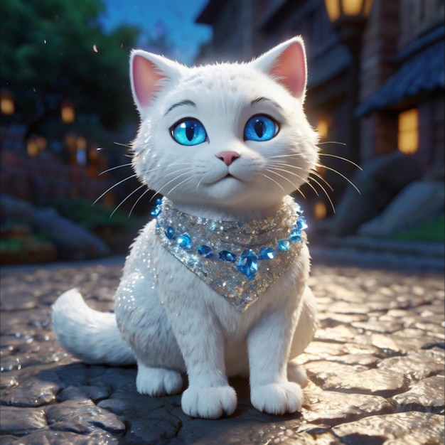 a white cat with blue eyes and a necklace on it