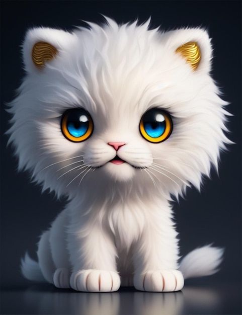 A white cat with blue eyes sits on a dark background.