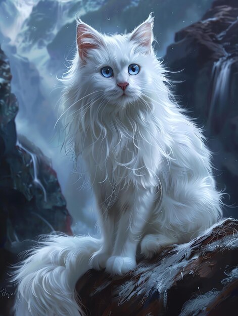 Photo a white cat with blue eyes sits on a rock