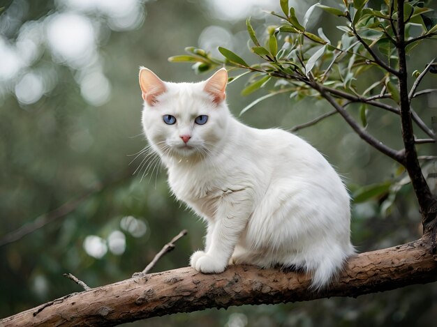 A white cat with blue eyes sits on a tree branch