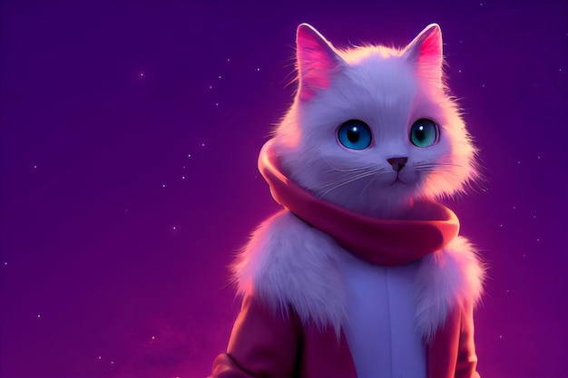 White cat with blue eyes wearing a scarf generative ai