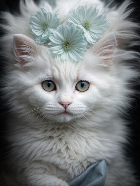 a white cat with a blue flower on its head