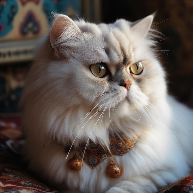 A white cat with a bow tie is laying on a bed.