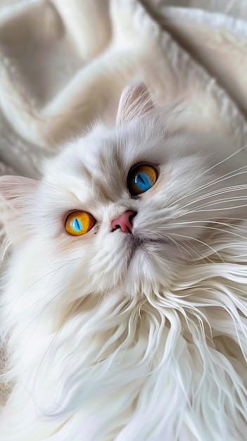 A white cat with bright blue eyes