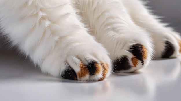 a white cat with brown spots on its paw