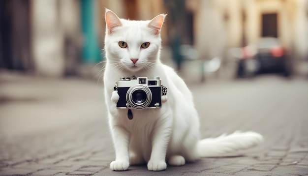 a white cat with a camera on its head is holding a camera