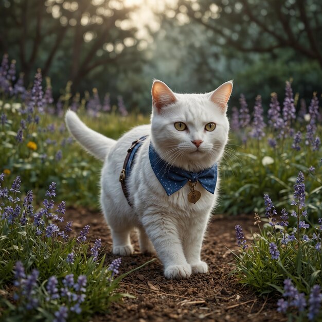 a white cat with a collar that says the name on it