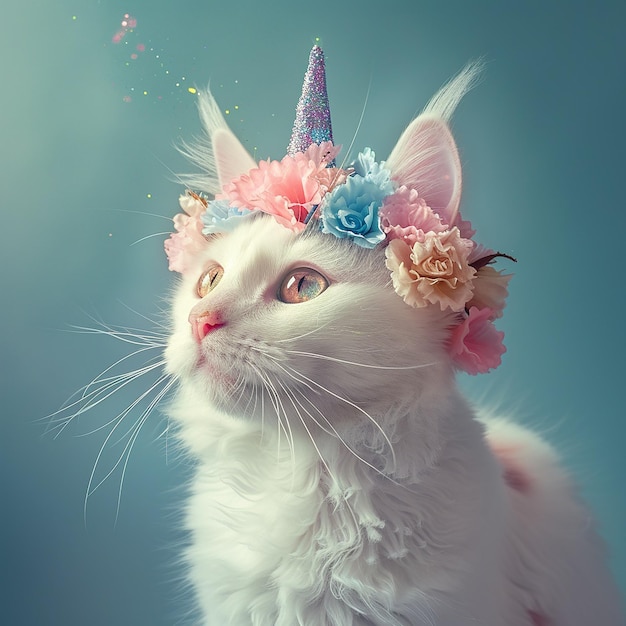 Photo a white cat with a colorful hat on its head