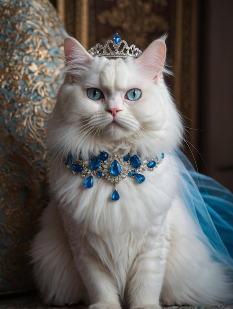 a white cat with a crown on it