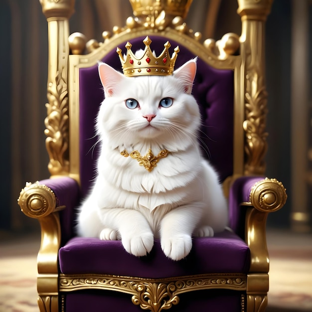 a white cat with a crown sits on a purple chair