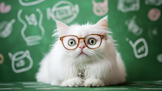 Photo white cat with glasses against green chalkboard for backtoschool theme