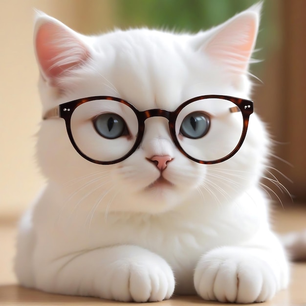 White cat with glasses and a bow tie ideal for designs targeting academics pet lovers