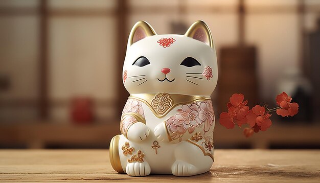 a white cat with gold accents sits on a wooden table