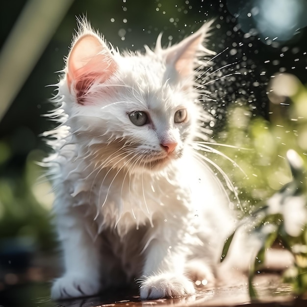 A white cat with a green eye is wet and has a sprinkler on its ears.