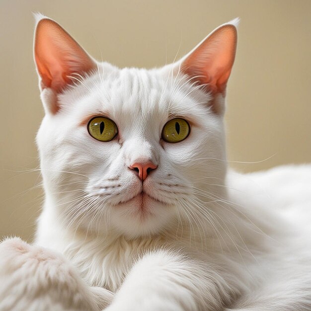 a white cat with green eyes is laying on a white blanket