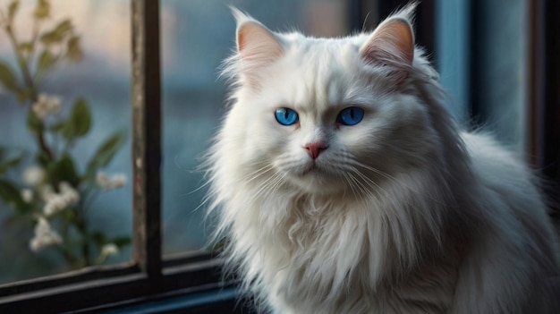 a white cat with green eyes sits in front of a window